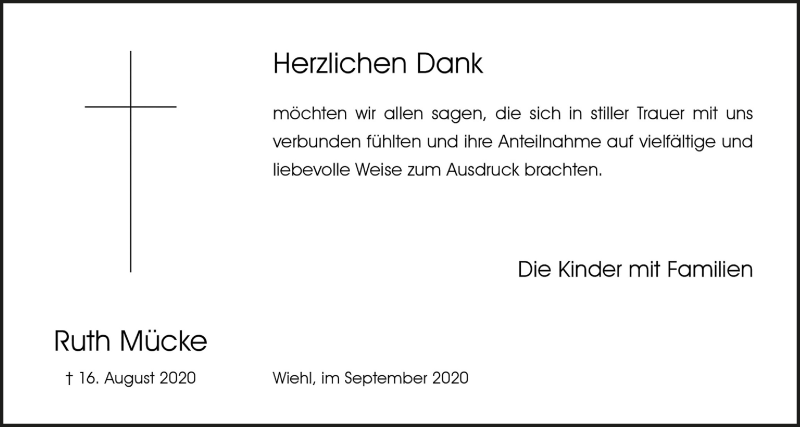  Traueranzeige für Ruth Mücke vom 01.10.2020 aus  Anzeigen Echo 