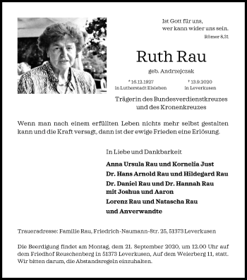 Anzeige von Ruth Rau von Kölner Stadt-Anzeiger / Kölnische Rundschau / Express