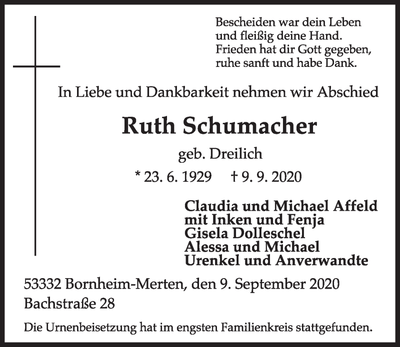  Traueranzeige für Ruth Schumacher vom 18.09.2020 aus  Schlossbote/Werbekurier 