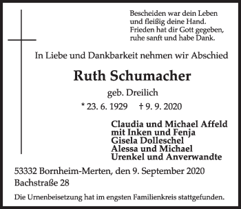 Anzeige von Ruth Schumacher von  Schlossbote/Werbekurier 