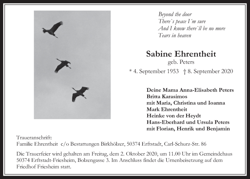  Traueranzeige für Sabine Ehrentheit vom 25.09.2020 aus  Werbepost 