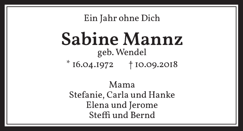  Traueranzeige für Sabine Mannz vom 11.09.2020 aus  Werbepost 