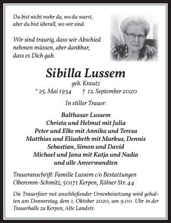 Anzeige von Sibilla Lussem von  Werbepost 