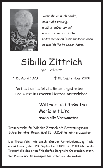 Anzeige von Sibilla Zittrich von  Werbepost 