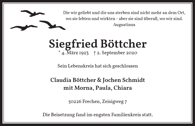  Traueranzeige für Siegfried Böttcher vom 18.09.2020 aus  Wochenende 
