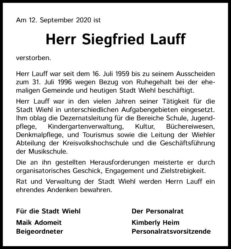  Traueranzeige für Siegfried Lauff vom 19.09.2020 aus Kölner Stadt-Anzeiger / Kölnische Rundschau / Express