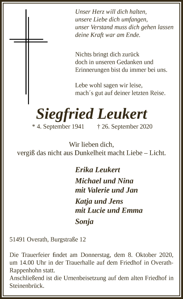  Traueranzeige für Siegfried Leukert vom 01.10.2020 aus  Bergisches Handelsblatt 