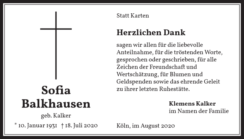 Traueranzeige für Sofia Balkhausen vom 04.09.2020 aus  Werbepost 