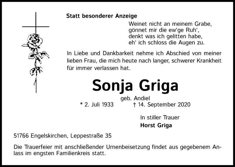  Traueranzeige für Sonja Griga vom 19.09.2020 aus Kölner Stadt-Anzeiger / Kölnische Rundschau / Express