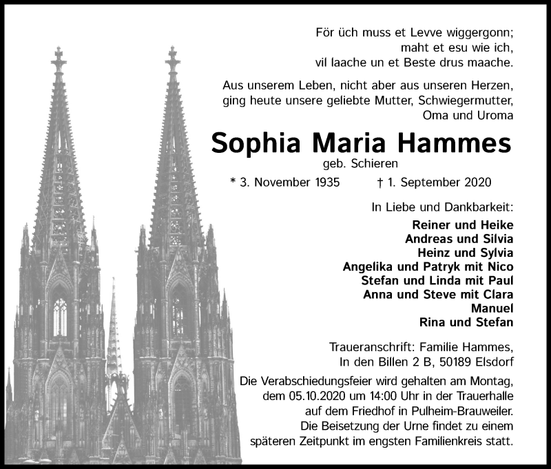  Traueranzeige für Sophia Maria Hammes vom 19.09.2020 aus Kölner Stadt-Anzeiger / Kölnische Rundschau / Express