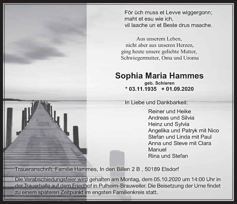  Traueranzeige für Sophia Maria Hammes vom 18.09.2020 aus  Werbepost 
