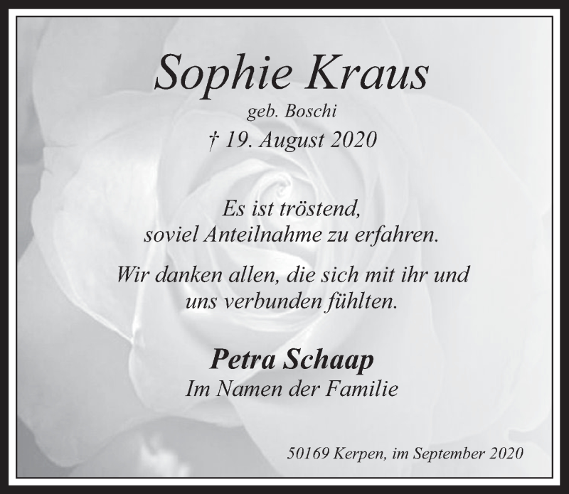  Traueranzeige für Sophie Kraus vom 11.09.2020 aus  Werbepost 