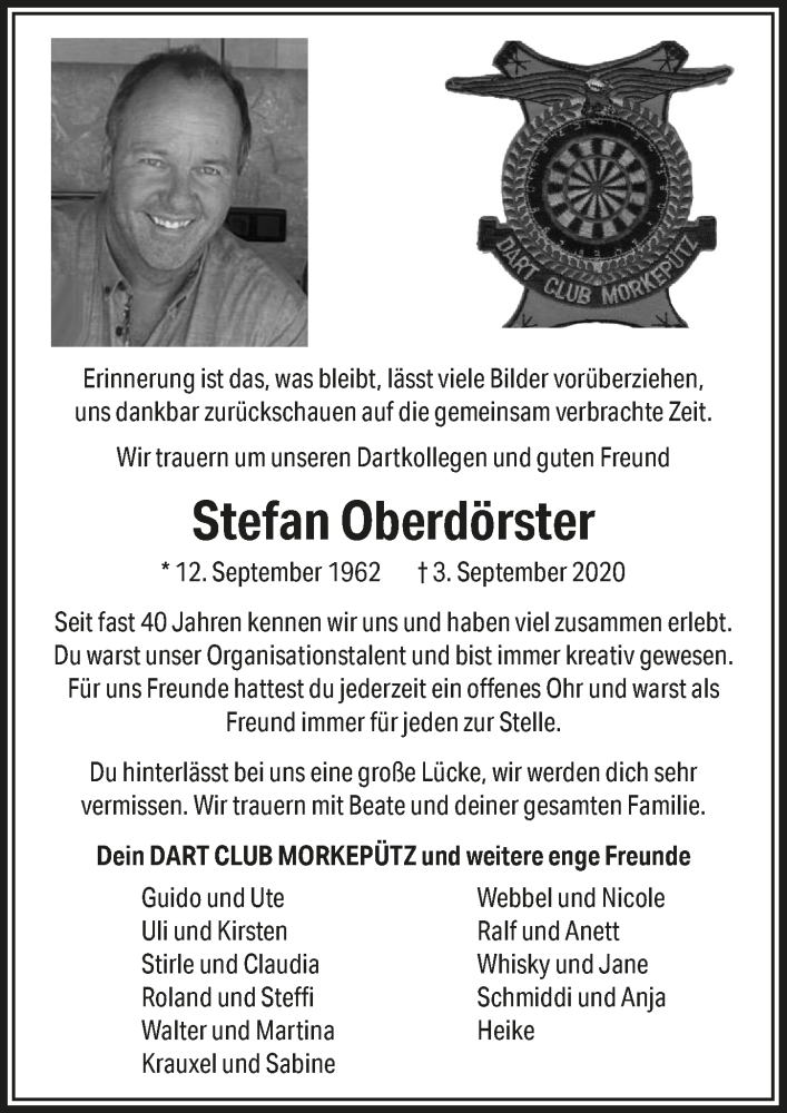  Traueranzeige für Stefan Oberdörster vom 18.09.2020 aus  Anzeigen Echo 