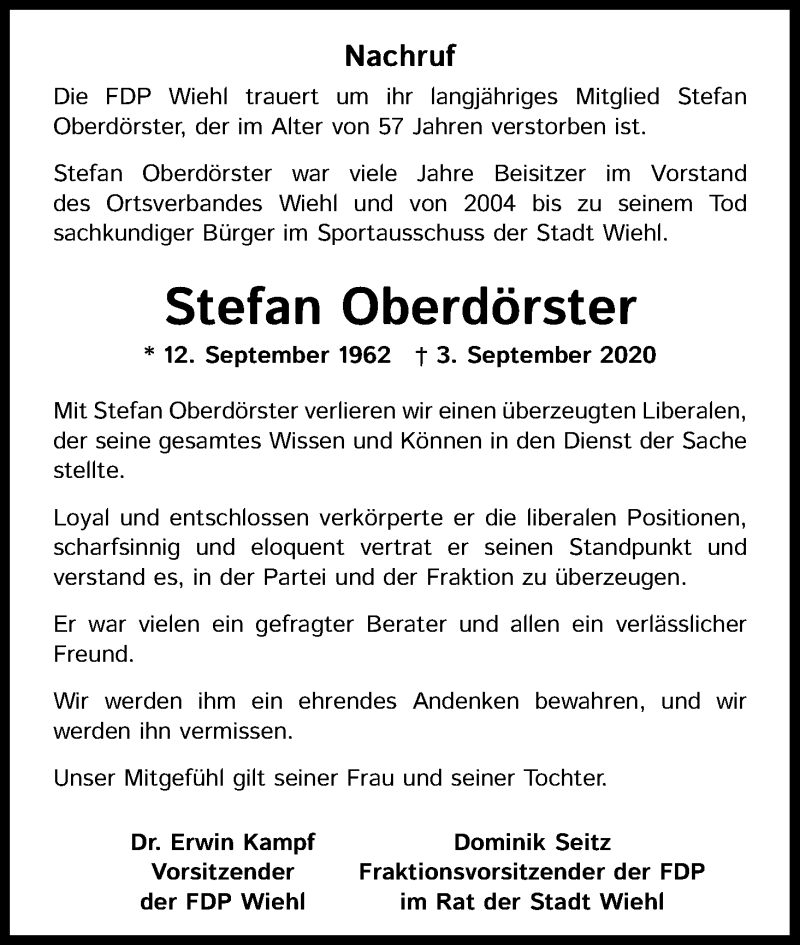 Traueranzeige für Stefan Oberdörster vom 14.09.2020 aus Kölner Stadt-Anzeiger / Kölnische Rundschau / Express