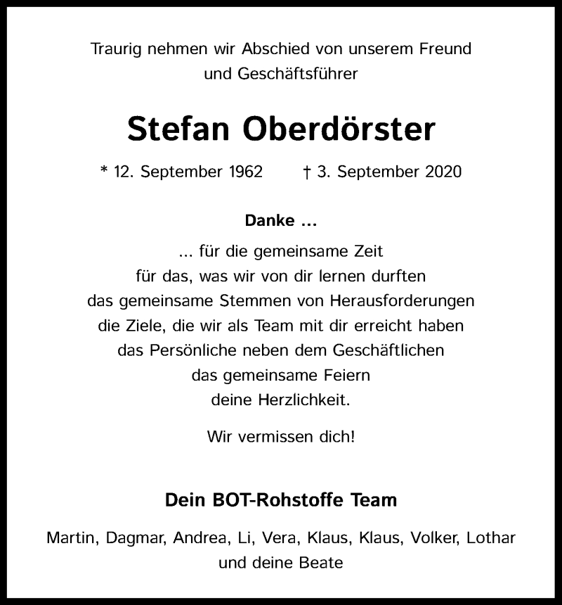  Traueranzeige für Stefan Oberdörster vom 16.09.2020 aus Kölner Stadt-Anzeiger / Kölnische Rundschau / Express
