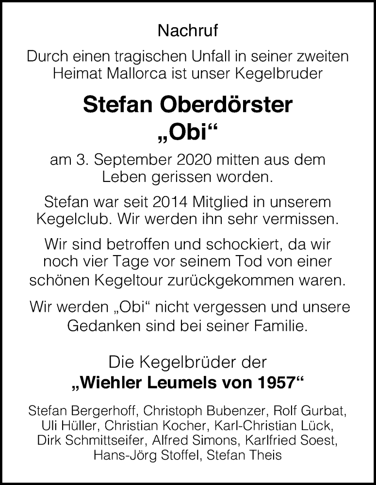  Traueranzeige für Stefan Oberdörster vom 18.09.2020 aus Kölner Stadt-Anzeiger / Kölnische Rundschau / Express