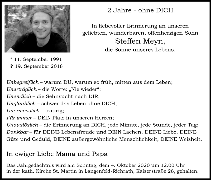  Traueranzeige für Steffen Meyn vom 19.09.2020 aus Kölner Stadt-Anzeiger / Kölnische Rundschau / Express