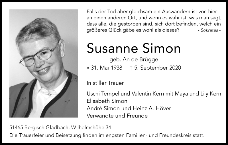  Traueranzeige für Susanne Simon vom 16.09.2020 aus Kölner Stadt-Anzeiger / Kölnische Rundschau / Express