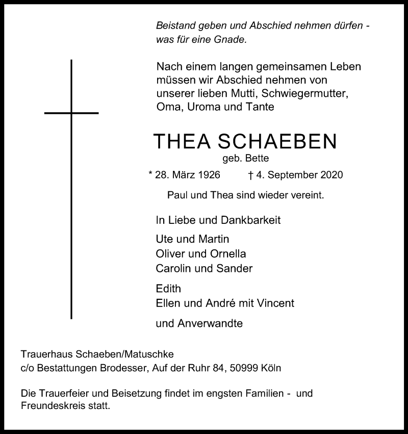  Traueranzeige für Thea Schaeben vom 09.09.2020 aus Kölner Stadt-Anzeiger / Kölnische Rundschau / Express