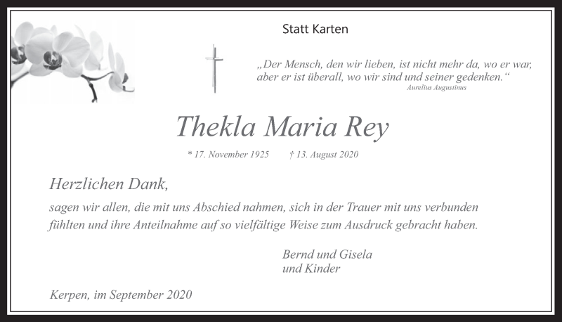  Traueranzeige für Thekla Maria Rey vom 11.09.2020 aus  Werbepost 