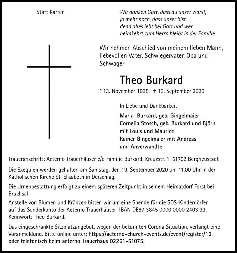  Traueranzeige für Theo Burkard vom 16.09.2020 aus Kölner Stadt-Anzeiger / Kölnische Rundschau / Express