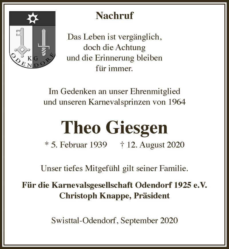 Traueranzeige für Theo Giesgen vom 11.09.2020 aus  Schaufenster/Blickpunkt 