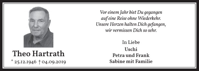  Traueranzeige für Theo Hartrath vom 04.09.2020 aus  Wochenende 