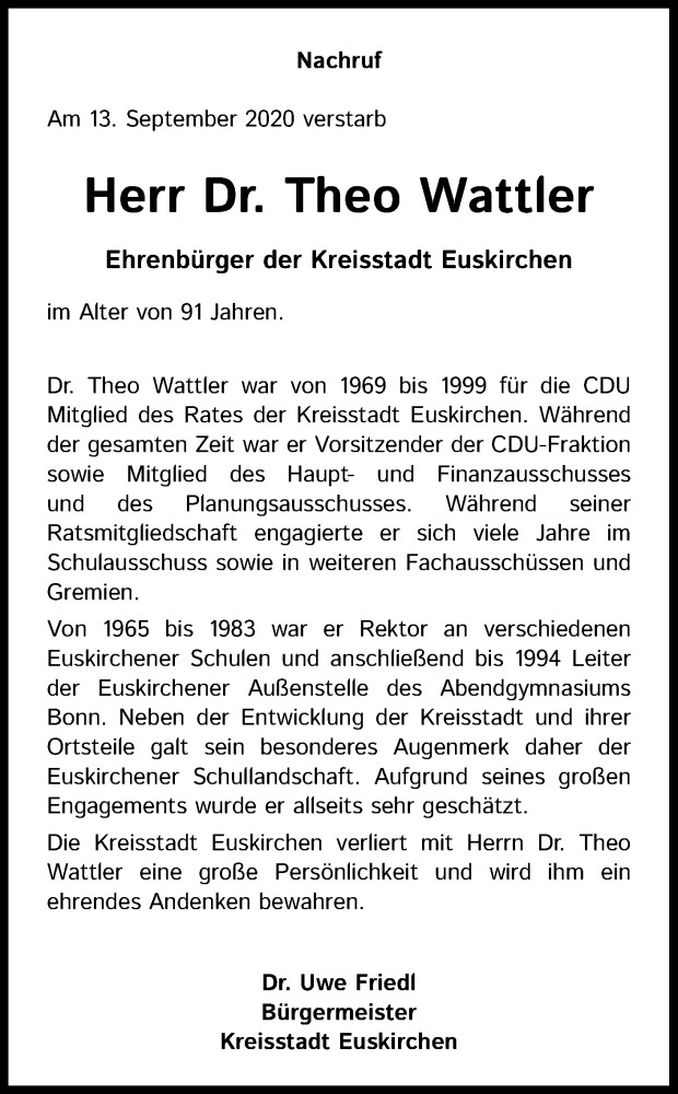 Traueranzeige für Theo Wattler vom 19.09.2020 aus Kölner Stadt-Anzeiger / Kölnische Rundschau / Express