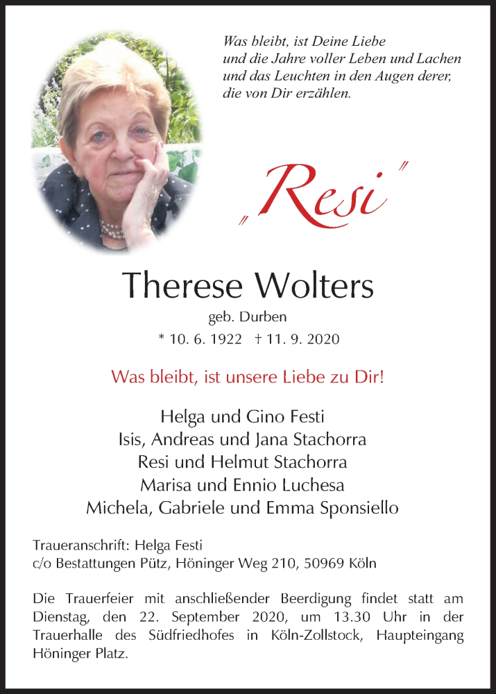  Traueranzeige für Therese Wolters vom 19.09.2020 aus Kölner Stadt-Anzeiger / Kölnische Rundschau / Express
