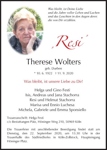 Anzeige von Therese Wolters von Kölner Stadt-Anzeiger / Kölnische Rundschau / Express