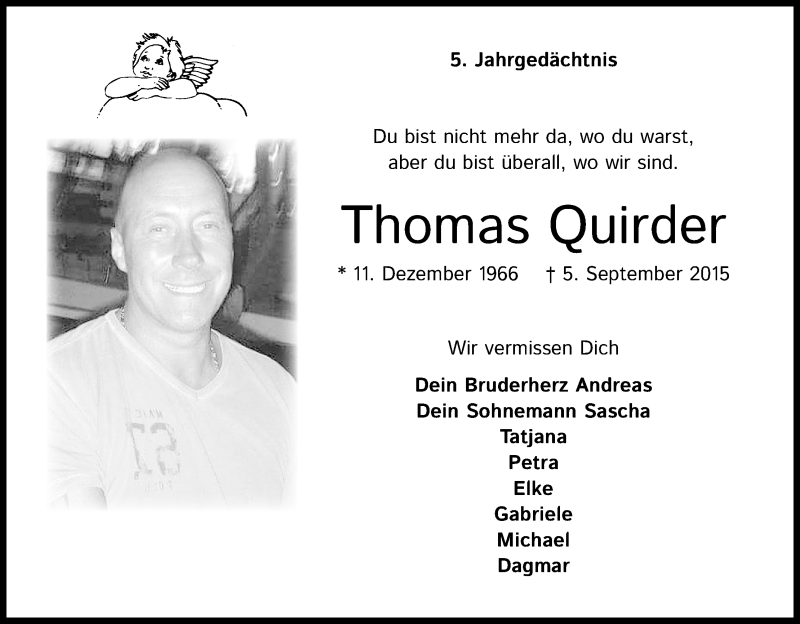  Traueranzeige für Thomas Quirder vom 05.09.2020 aus Kölner Stadt-Anzeiger / Kölnische Rundschau / Express