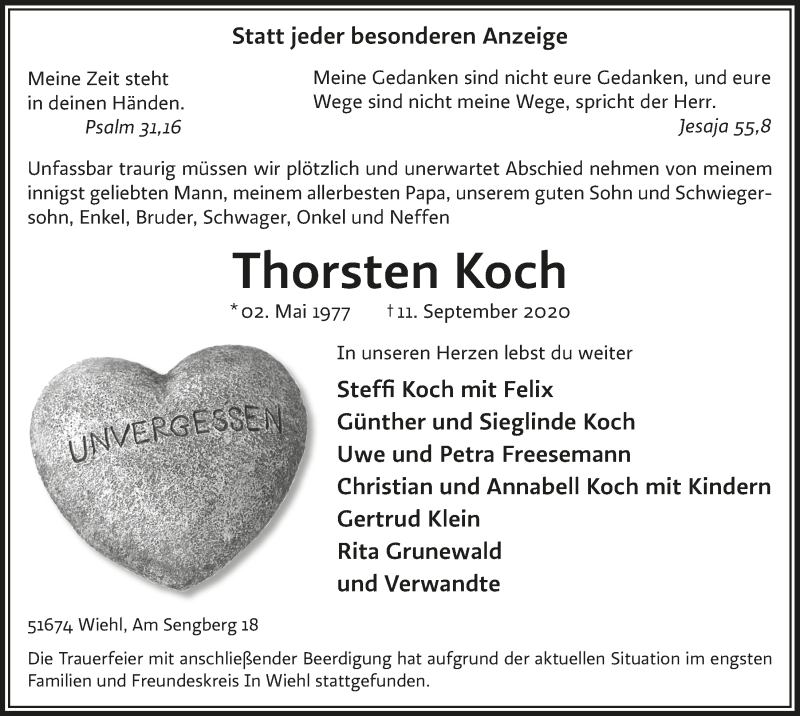  Traueranzeige für Thorsten Koch vom 18.09.2020 aus  Anzeigen Echo 