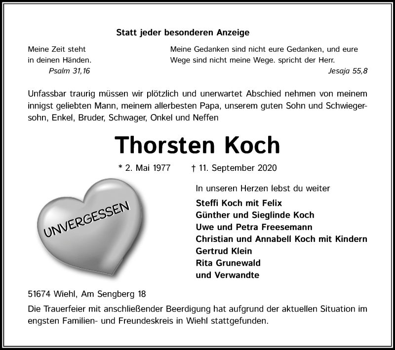  Traueranzeige für Thorsten Koch vom 19.09.2020 aus Kölner Stadt-Anzeiger / Kölnische Rundschau / Express