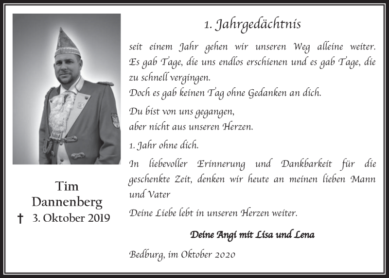  Traueranzeige für Tim Dannenberg vom 01.10.2020 aus  Werbepost 