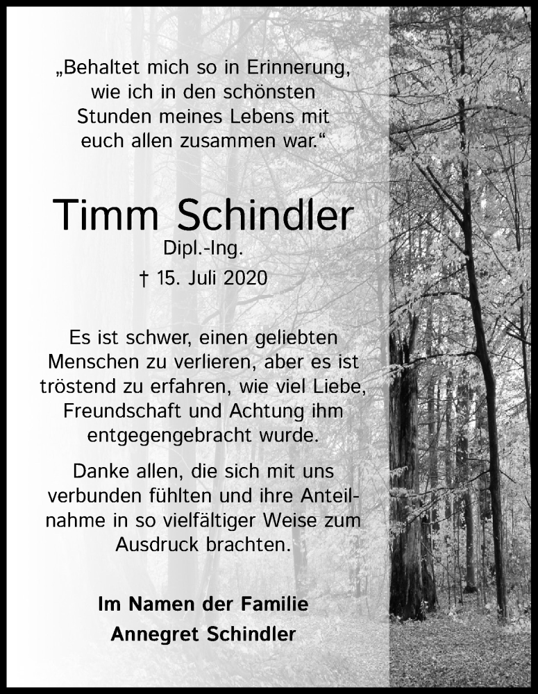  Traueranzeige für Timm Schindler vom 05.09.2020 aus Kölner Stadt-Anzeiger / Kölnische Rundschau / Express