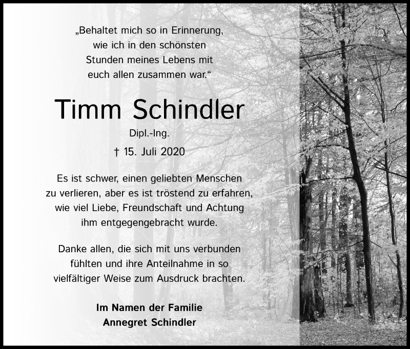 Traueranzeige für Timm Schindler vom 05.09.2020 aus Kölner Stadt-Anzeiger / Kölnische Rundschau / Express