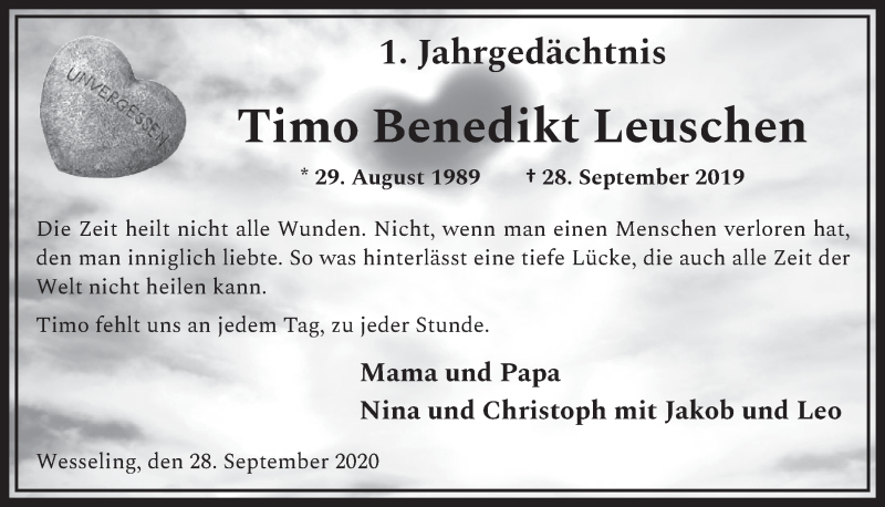  Traueranzeige für Timo Benedikt Leuschen vom 25.09.2020 aus  Schlossbote/Werbekurier 