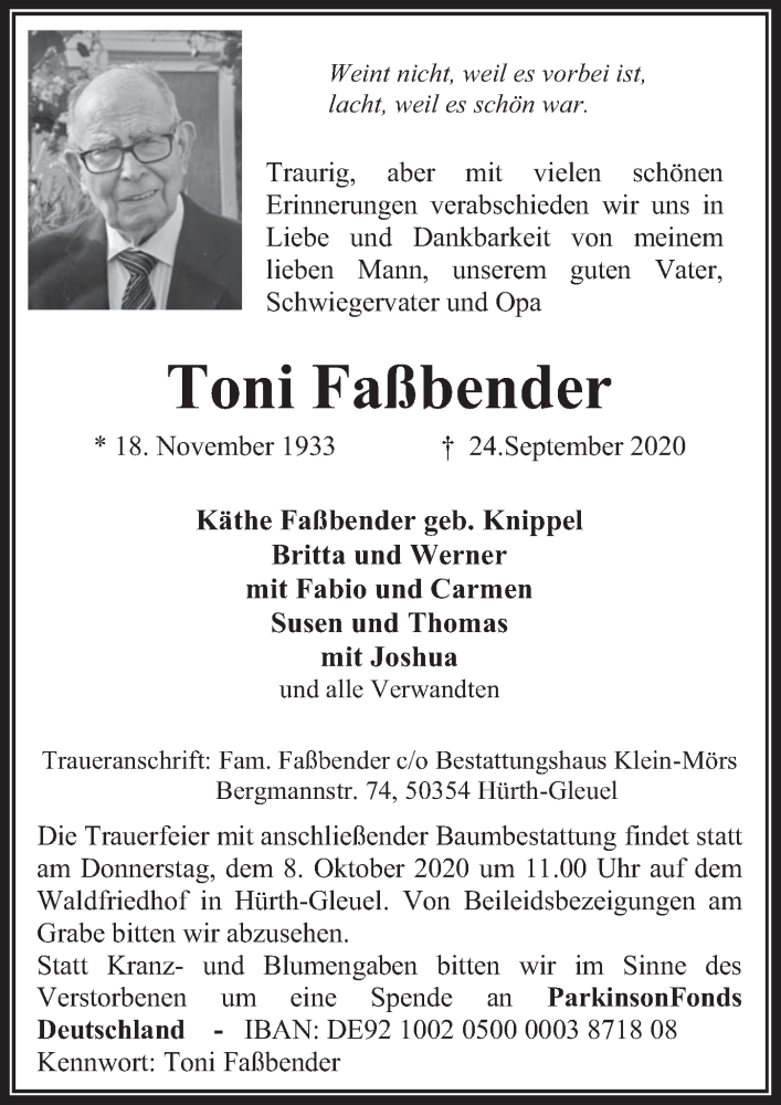  Traueranzeige für Toni Faßbender vom 01.10.2020 aus  Wochenende 