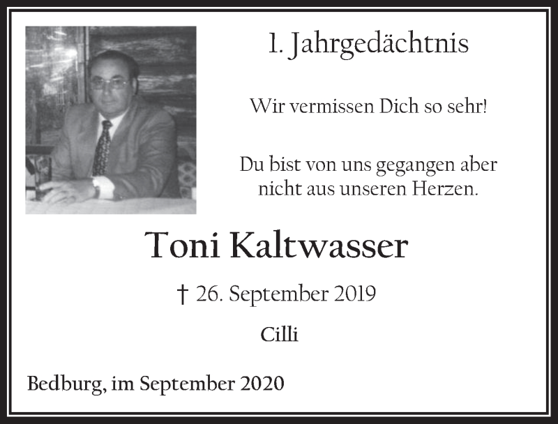  Traueranzeige für Toni Kaltwasser vom 25.09.2020 aus  Werbepost 