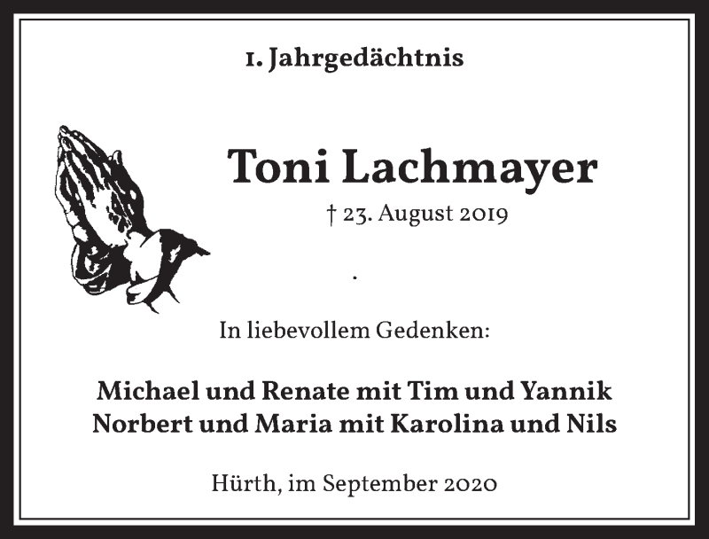  Traueranzeige für Toni Lachmayer vom 04.09.2020 aus  Wochenende 