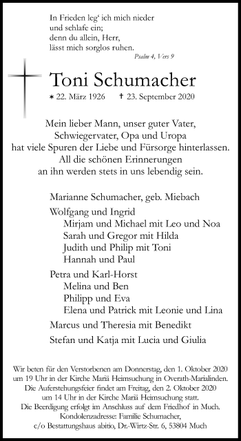 Anzeige von Toni Schumacher von Kölner Stadt-Anzeiger / Kölnische Rundschau / Express