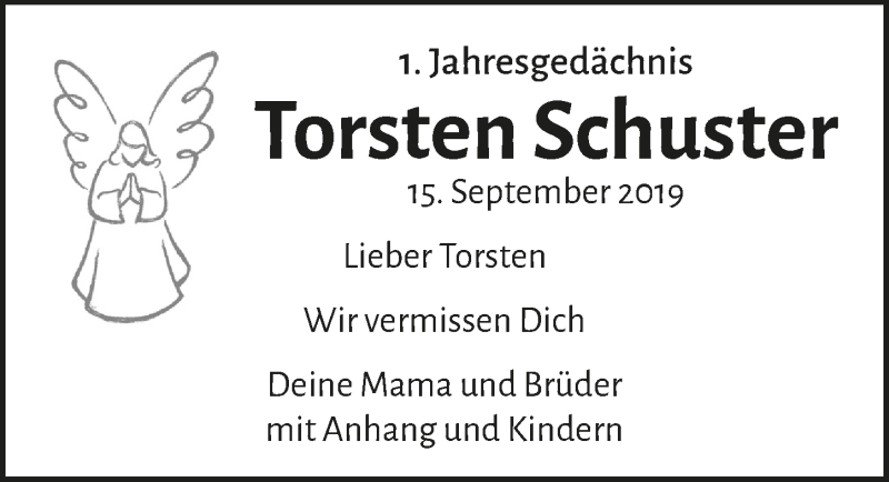  Traueranzeige für Torsten Schuster vom 11.09.2020 aus  Anzeigen Echo 