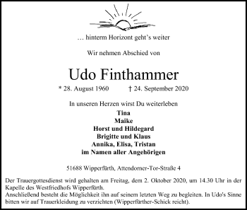 Anzeige von Udo Finthammer von Kölner Stadt-Anzeiger / Kölnische Rundschau / Express