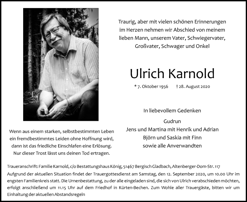  Traueranzeige für Ulrich Karnold vom 05.09.2020 aus Kölner Stadt-Anzeiger / Kölnische Rundschau / Express