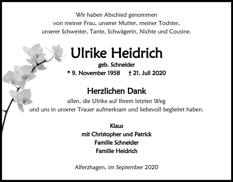  Traueranzeige für Ulrike Heidrich vom 19.09.2020 aus Kölner Stadt-Anzeiger / Kölnische Rundschau / Express