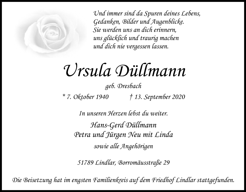  Traueranzeige für Ursula Düllmann vom 26.09.2020 aus Kölner Stadt-Anzeiger / Kölnische Rundschau / Express
