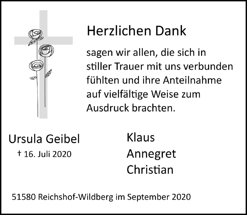  Traueranzeige für Ursula Geibel vom 25.09.2020 aus  Anzeigen Echo 