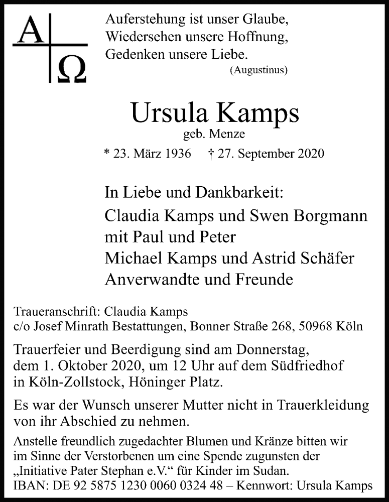  Traueranzeige für Ursula Kamps vom 29.09.2020 aus Kölner Stadt-Anzeiger / Kölnische Rundschau / Express