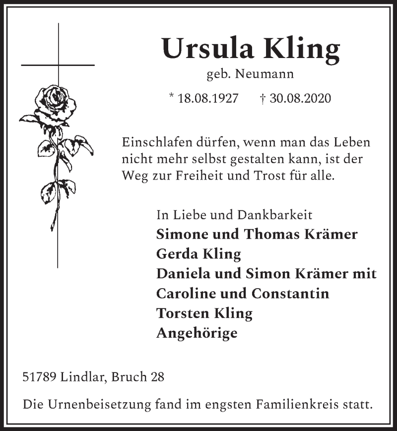  Traueranzeige für Ursula Kling vom 01.10.2020 aus  Schlossbote/Werbekurier 