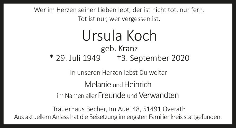 Traueranzeige für Ursula Koch vom 18.09.2020 aus  Bergisches Handelsblatt 